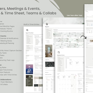 May include: Digital planner with sections for daily, weekly, and monthly planning, meetings, tasks, and time sheets. The image includes the text "Planners, Meetings & Events, Tasks & Time Sheet, Teams & Collabs" and "Use Year after Year".