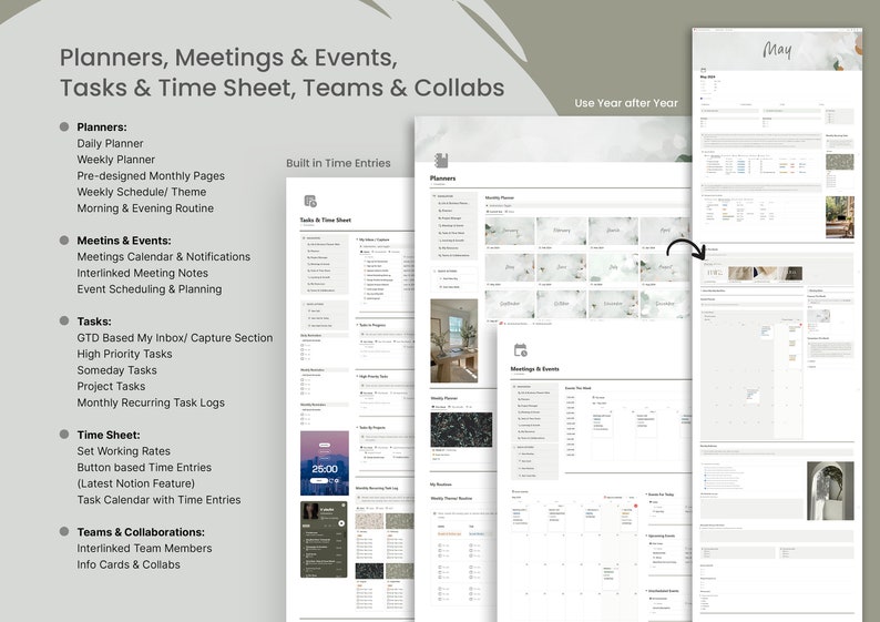 May include: Digital planner with sections for daily, weekly, and monthly planning, meetings, tasks, and time sheets. The image includes the text "Planners, Meetings & Events, Tasks & Time Sheet, Teams & Collabs" and "Use Year after Year".