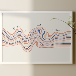 May include: Abstract art print with a wavy, colorful design. The text "Progress is not linear" is written on the print.