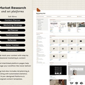 May include: A screenshot of a website interface for a marketing hub. The website has a menu with options for content planning, marketing strategy, ad planning, testimonials, referrals, sales tracking, and promotions. The website also includes a section for active platforms, which includes icons for various social media platforms, such as Instagram, Facebook, Twitter, and YouTube. The website also includes a section for promotions, which includes a black and white image of the word "SALE" repeated four times. The website also includes a section for ads, which includes an image of a smartphone with the word "INSTAGRAM" on the screen.