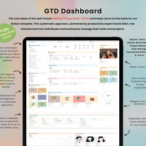 K&ouml;nnte beinhalten: Ein Screenshot einer Notion-Vorlage f&uuml;r ein Getting Things Done (GTD)-System. Die Vorlage enth&auml;lt einen Kalender, Aufgabenlisten, Projektmanagement-Tools und mehr. Der Text "GTD Dashboard" befindet sich oben im Bild.
