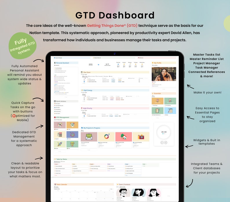 K&ouml;nnte beinhalten: Ein Screenshot einer Notion-Vorlage f&uuml;r ein Getting Things Done (GTD)-System. Die Vorlage enth&auml;lt einen Kalender, Aufgabenlisten, Projektmanagement-Tools und mehr. Der Text "GTD Dashboard" befindet sich oben im Bild.