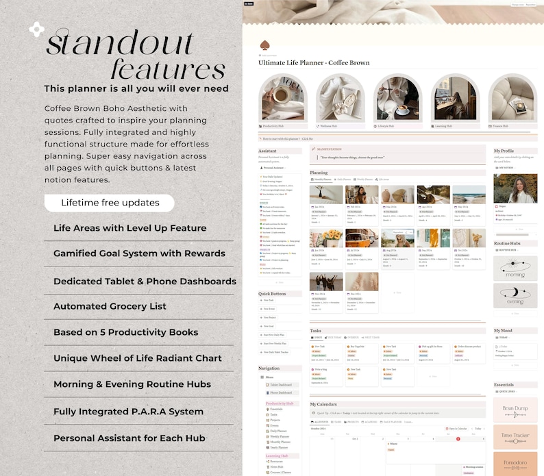 May include: A digital planner with a coffee brown boho aesthetic. The planner features a gamified goal system with rewards, a unique wheel of life radiant chart, and a fully integrated P.A.R.A system. The planner also includes a dedicated tablet and phone dashboard, an automated grocery list, and morning and evening routine hubs.