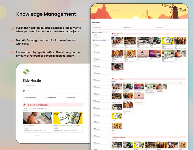 May include: A screenshot of a computer screen showing a knowledge management software interface. The software has a feature called "Side Hustle" and a section for "Related References". The references are displayed in a grid format with thumbnails and titles. The software allows users to pull in relevant content, categorize it, and review it by type and author.