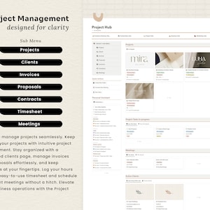 May include: A screenshot of a website interface for project management software. The website is designed to help users manage projects, clients, invoices, proposals, contracts, timesheets, and meetings. The website has a clean and modern design with a light brown background and black buttons.
