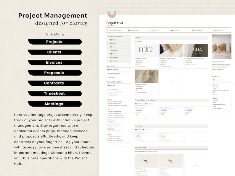 May include: A screenshot of a website interface for project management software. The website is designed to help users manage projects, clients, invoices, proposals, contracts, timesheets, and meetings. The website has a clean and modern design with a light brown background and black buttons.