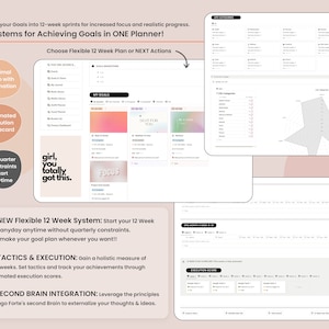 May include: Digital planner interface showing goal-setting tools and progress trackers. The interface includes a 12-week system, with text such as "Break your Goals" and "girl, you totally got this". The planner is designed for focus.