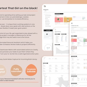 May include: A digital planner interface with a clean layout, automated features, and editable templates. The interface includes project management tools, a 12-week year plan, and a personal assistant. Text on the image includes "Smartest That Girl on the block!"