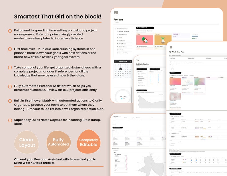 May include: A digital planner interface with a clean layout, automated features, and editable templates. The interface includes project management tools, a 12-week year plan, and a personal assistant. Text on the image includes "Smartest That Girl on the block!"