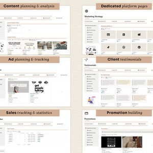 May include: A screenshot of a website with a light brown background and a white grid layout. The website is divided into sections with headings such as "Content planning & analysis", "Dedicated platform pages", "Ad planning & tracking", "Client testimonials", "Sales tracking & statistics", and "Promotion building". Each section has a different layout and content, including text, images, and tables.
