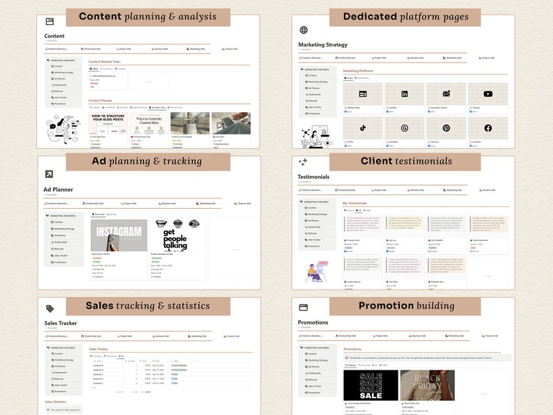 May include: A screenshot of a website with a light brown background and a white grid layout. The website is divided into sections with headings such as "Content planning & analysis", "Dedicated platform pages", "Ad planning & tracking", "Client testimonials", "Sales tracking & statistics", and "Promotion building". Each section has a different layout and content, including text, images, and tables.
