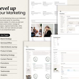 May include: A digital marketing guide with the headline "Level up your Marketing." The guide includes subpages for brand strategy, services, client journey, product sales, marketing strategy, content planner, promotions, referral, testimonials, and analytics.