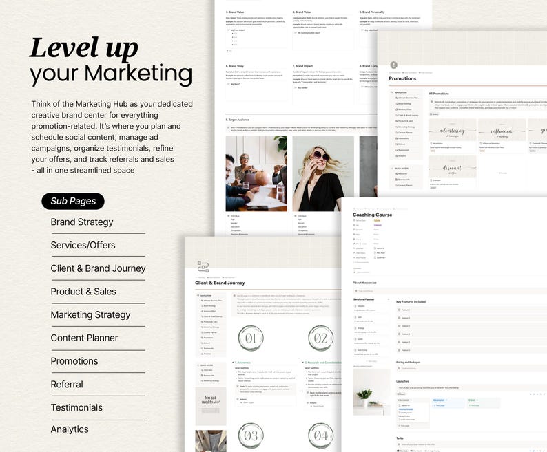 May include: A digital marketing guide with the headline "Level up your Marketing." The guide includes subpages for brand strategy, services, client journey, product sales, marketing strategy, content planner, promotions, referral, testimonials, and analytics.