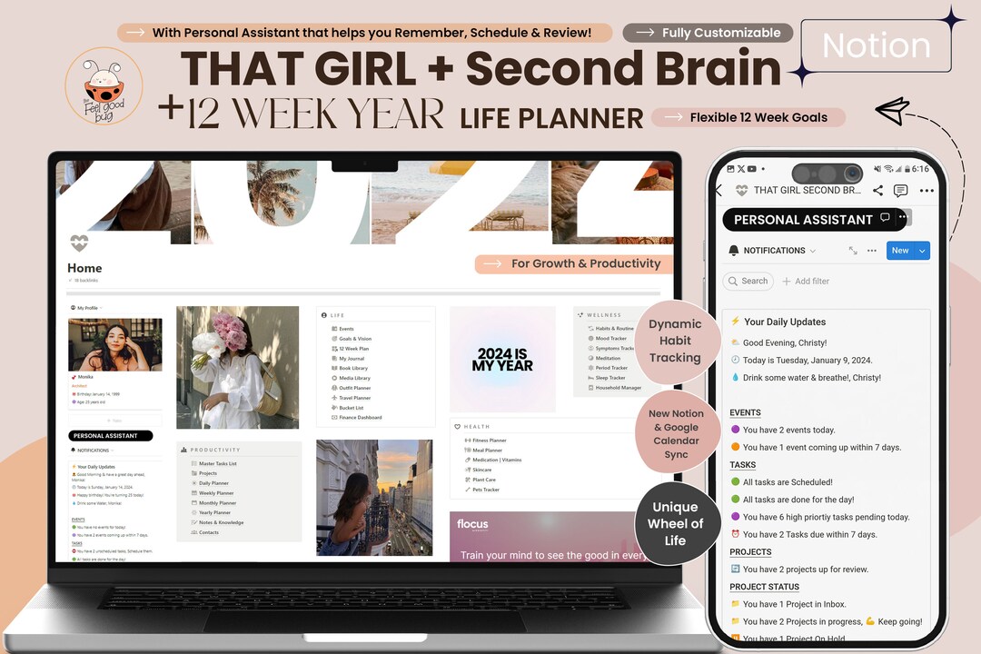 THAT GIRL Notion Life Planner Second Brain Notion Template 12 Week