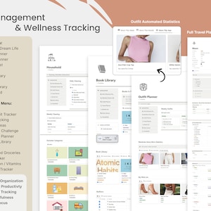 May include: Digital planner interface with sections for life management and wellness tracking. Features include outfit planning, travel planning, and a book library. The interface also includes automated statistics and a full travel planner with a budget.