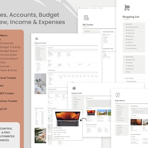 May include: A digital finance management interface with multiple sections, including accounts, budget tracking, and a shopping list. The interface displays financial data, charts, and text. The text includes "Finances, Accounts, Budget Overview, Income & Expenses."