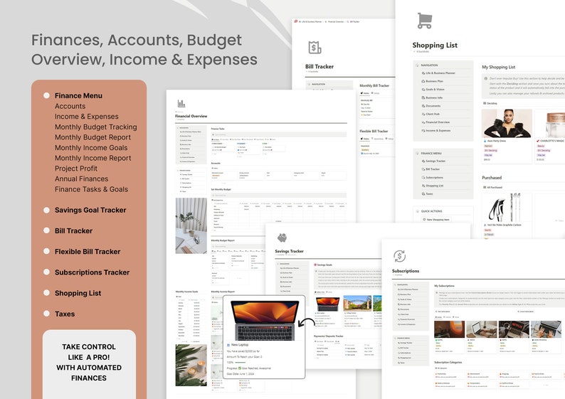 May include: A digital finance management interface with multiple sections, including accounts, budget tracking, and a shopping list. The interface displays financial data, charts, and text. The text includes "Finances, Accounts, Budget Overview, Income & Expenses."