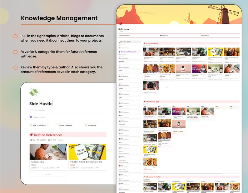 K&ouml;nnte beinhalten: Ein Screenshot eines Computerbildschirms, der eine Schnittstelle f&uuml;r eine Wissensmanagement-Software zeigt. Die Software verf&uuml;gt &uuml;ber eine Seitenleiste mit Kategorien f&uuml;r "Referenzen", "Schnelle Aktionen", "Referenzkategorien", "Referenzen nach Typ" und "Referenzen nach Autor". Der Hauptbereich des Bildschirms zeigt eine Liste von Artikeln und Blogbeitr&auml;gen zum Thema "Side Hustle".