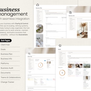 May include: A digital business management hub interface with the text "Business management with seamless integration." The interface includes sections for client hub, goals, business plan, and business info. The design is clean and modern, with a neutral color palette.