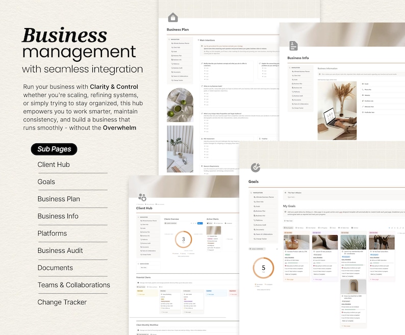 May include: A digital business management hub interface with the text "Business management with seamless integration." The interface includes sections for client hub, goals, business plan, and business info. The design is clean and modern, with a neutral color palette.