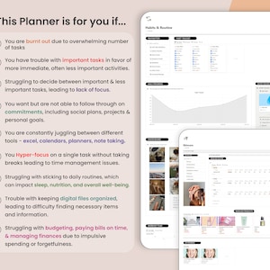 May include: A digital planner interface with several screens. The left side lists reasons to use the planner, such as managing tasks and finances. The right side shows habit trackers, daily progress charts, and skincare product lists.