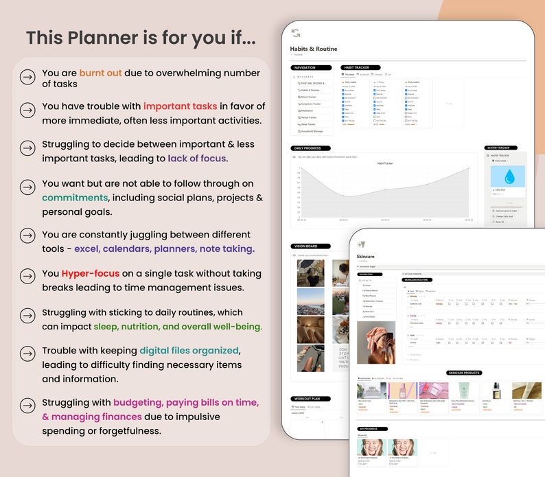 May include: A digital planner interface with several screens. The left side lists reasons to use the planner, such as managing tasks and finances. The right side shows habit trackers, daily progress charts, and skincare product lists.