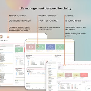 May include: A screenshot of a computer screen showing a digital planner app with different views for yearly, quarterly, monthly, weekly, and daily planning. The app features a clean and modern design with a light color scheme and a focus on organization and clarity.