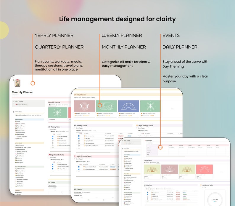 May include: A screenshot of a computer screen showing a digital planner app with different views for yearly, quarterly, monthly, weekly, and daily planning. The app features a clean and modern design with a light color scheme and a focus on organization and clarity.
