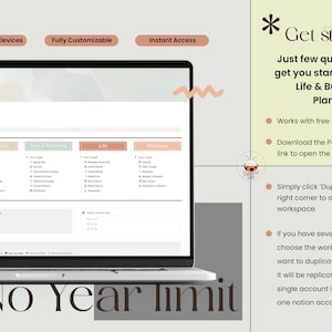 May include: A laptop screen displays a Life & Business Planner template. The screen shows sections for Business, Productivity, Sales & Marketing, Life, and Wellness. Text on the screen includes "Sync Across Devices," "Fully Customizable," and "Instant Access."