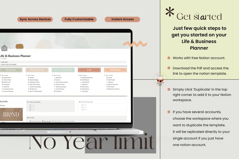 May include: A laptop screen displays a Life & Business Planner template. The screen shows sections for Business, Productivity, Sales & Marketing, Life, and Wellness. Text on the screen includes "Sync Across Devices," "Fully Customizable," and "Instant Access."