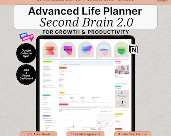 Planificador avanzado de Notion, Second Brain 2.0, plantilla todo en uno de Notion, planificador para adultos con TDAH, panel estético de Notion, planificador de vida definitivo