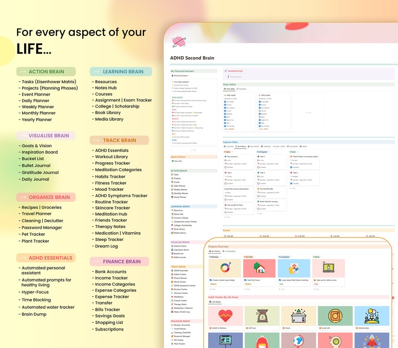 ADHD Notion Second Brain Bundle | 7 Life Planner and Dashboard ...