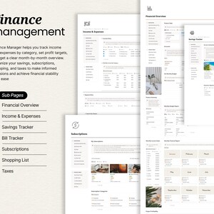 May include: A digital finance management template with multiple subpages, including financial overview, income & expenses, and savings tracker. The design is clean and organized, with a focus on financial tracking and planning.