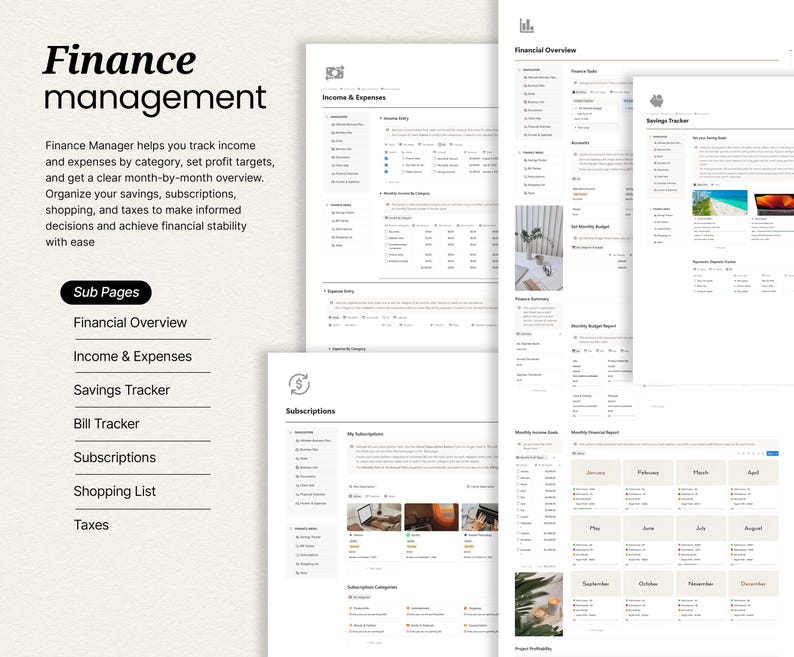 May include: A digital finance management template with multiple subpages, including financial overview, income & expenses, and savings tracker. The design is clean and organized, with a focus on financial tracking and planning.