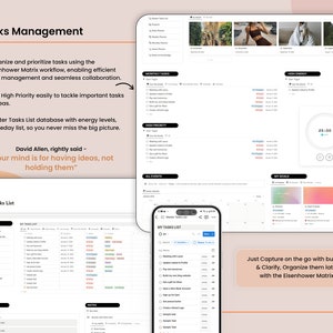 May include: A digital task management system is shown, using the Eisenhower Matrix workflow. The interface includes sections for monthly tasks, high-priority items, and a mobile app view. Text on the screen reads "Tasks Management" and "Just Capture on the go with buttons & Clarify."