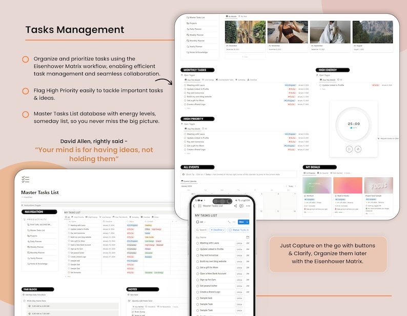 May include: A digital task management system is shown, using the Eisenhower Matrix workflow. The interface includes sections for monthly tasks, high-priority items, and a mobile app view. Text on the screen reads "Tasks Management" and "Just Capture on the go with buttons & Clarify."