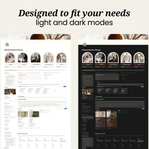 May include: A digital business planner interface displayed in light and dark modes. The text "Designed to fit your needs light and dark modes" is at the top. The planner features sections for various business aspects, with icons and text labels.
