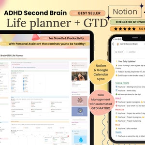 Könnte beinhalten: Ein digitaler Lebensplaner für ADHS, angezeigt auf einem Tablet und Smartphone. Die Oberfläche umfasst Abschnitte für Aufgaben, Ereignisse und Ziele, mit dem Text "ADHD Second Brain" und "Life planner + GTD".
