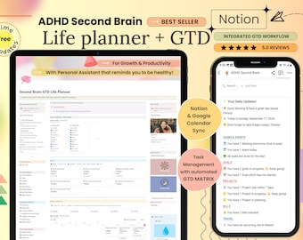 May include: A digital life planner for ADHD, displayed on a tablet and smartphone. The interface includes sections for tasks, events, and goals, with the text "ADHD Second Brain" and "Life planner + GTD". The design incorporates a GTD matrix and Notion integration.