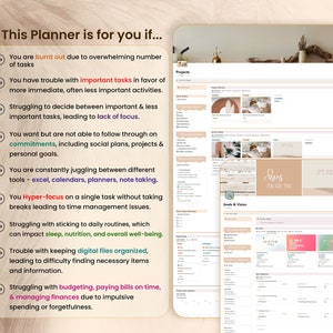May include: A pink and white planner with the text "This Planner is for you if..." and a list of reasons why someone might need a planner. The planner has sections for projects, goals and vision, and quick project reminders.