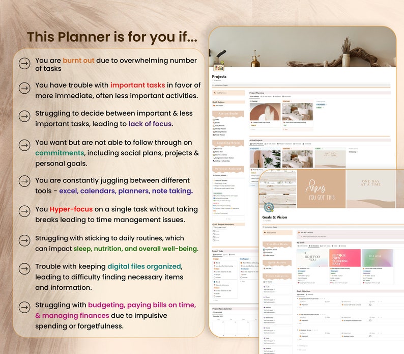 May include: A pink and white planner with the text "This Planner is for you if..." and a list of reasons why someone might need a planner. The planner has sections for projects, goals and vision, and quick project reminders.