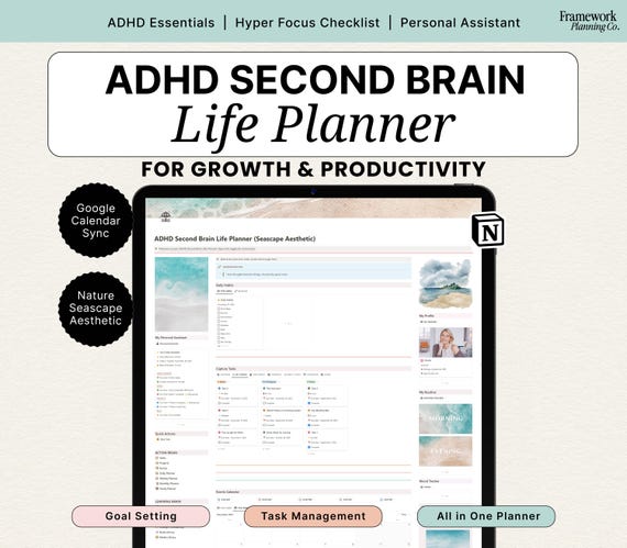 2026 Notion ADHD Life Planner: Aesthetic Second Brain & Project Management System (Google Calendar Sync)
