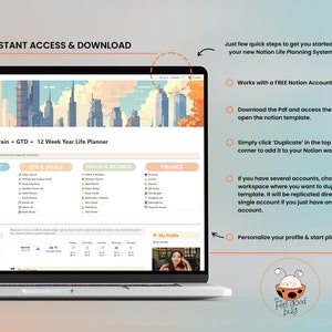May include: A computer screen displaying a Notion workspace with a colorful city skyline background. The workspace is titled "ADHD Second Brain + GTD + 12 Week Year Life Planner" and includes sections for Management, Life & Goals, Health & Wellness, and Finance. The text "Works with a FREE Notion Account" is visible on the right side of the screen.