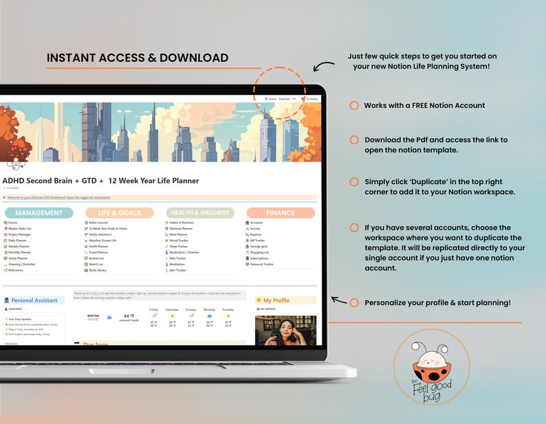 May include: A computer screen displaying a Notion workspace with a colorful city skyline background. The workspace is titled "ADHD Second Brain + GTD + 12 Week Year Life Planner" and includes sections for Management, Life & Goals, Health & Wellness, and Finance. The text "Works with a FREE Notion Account" is visible on the right side of the screen.