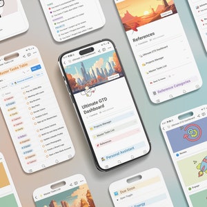 K&ouml;nnte beinhalten: Ein Screenshot einer mobilen App, die ein Dashboard f&uuml;r ein Getting Things Done (GTD)-System zeigt. Das Dashboard enth&auml;lt Bereiche f&uuml;r Projekte, Master-Aufgaben, Referenzen und einen pers&ouml;nlichen Assistenten. Die App hat ein modernes Design mit einem Stadtbild im Hintergrund.