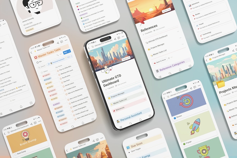 K&ouml;nnte beinhalten: Ein Screenshot einer mobilen App, die ein Dashboard f&uuml;r ein Getting Things Done (GTD)-System zeigt. Das Dashboard enth&auml;lt Bereiche f&uuml;r Projekte, Master-Aufgaben, Referenzen und einen pers&ouml;nlichen Assistenten. Die App hat ein modernes Design mit einem Stadtbild im Hintergrund.