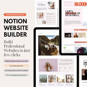 May include: A screenshot of a website builder that uses Notion to create professional websites. The website builder features a pink and white color scheme with a variety of images and text. The text includes the words "Notion Website Builder", "Build Professional Websites in just few clicks", "Publish Website with just one click", "No Coding Required", "8 Professionally Crafted Templates", and "70+ Pre-designed Components".
