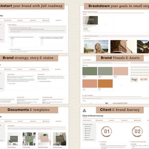 May include: A printable worksheet for developing a brand strategy, including sections for a business plan, brand hub, brand visuals and assets, documents and templates, and client and brand journey. The worksheet features a neutral color palette of sage green, brown, and cream.