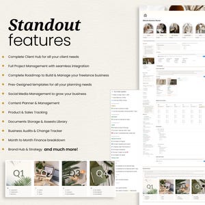 May include: A digital business planner with the text "Standout features" and a list of features including client hub, project management, and social media management. The planner also includes a daily routine section and a monthly finance breakdown.