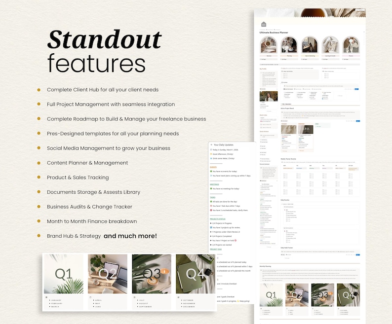 May include: A digital business planner with the text "Standout features" and a list of features including client hub, project management, and social media management. The planner also includes a daily routine section and a monthly finance breakdown.
